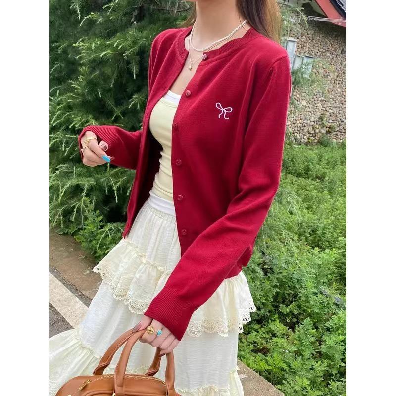 Knitted cardigan women's clothing with new bow embroidered jacket lazy wind sweater early autumn top