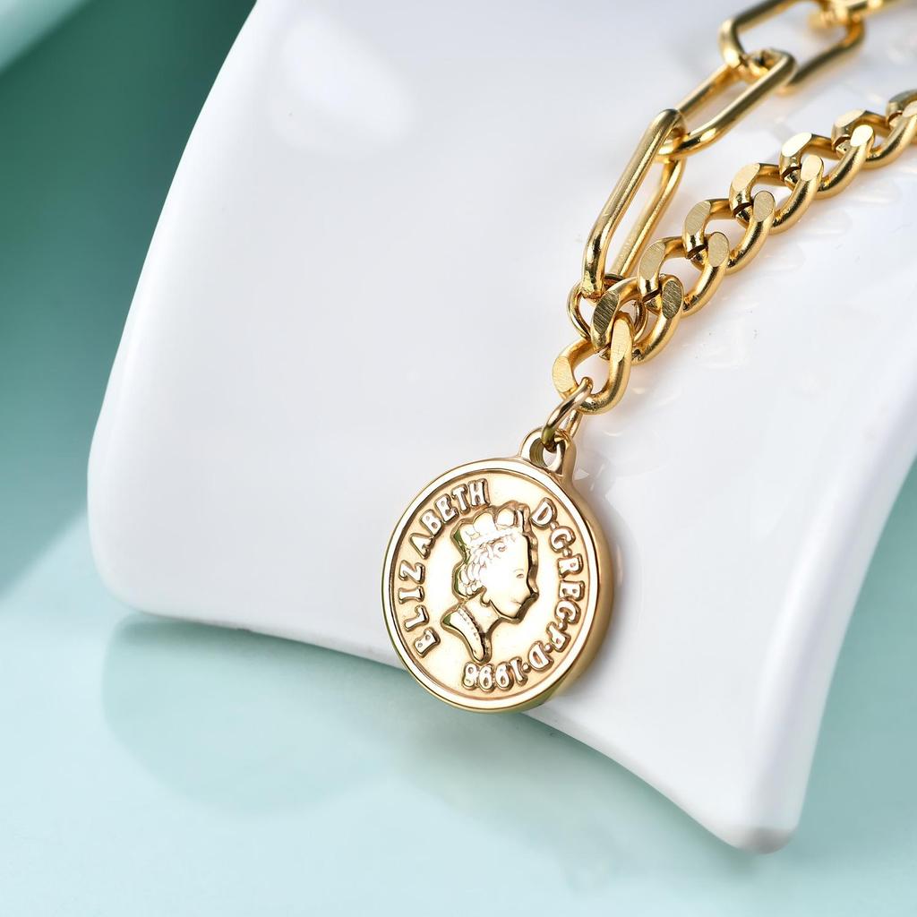 Elegant 7MM Round English Queen Coin Pendant Necklace with OT Buckle in Stainless Steel.