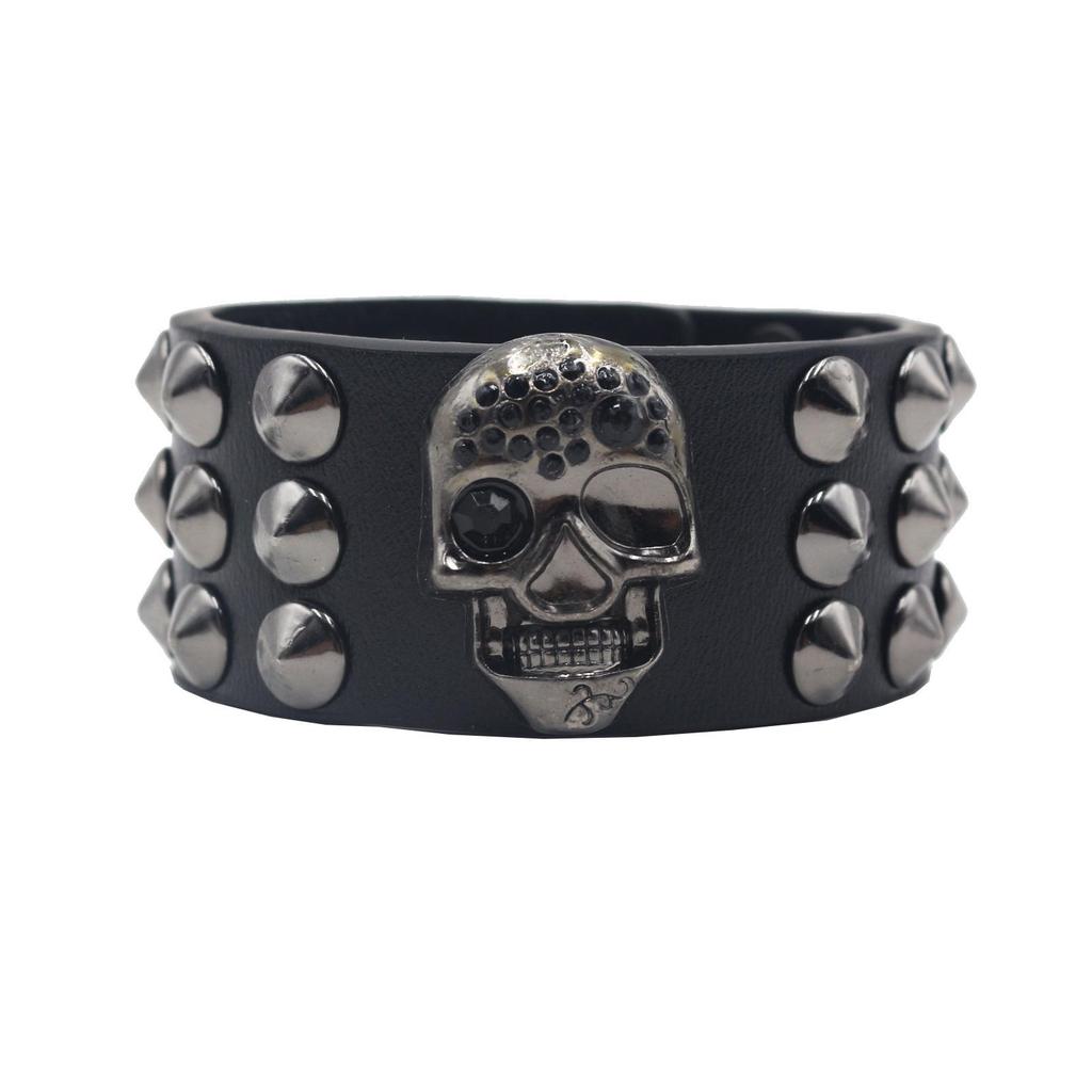 Skull Rivet Punk Leather Bracelet - Edgy Street Dance Rap Wristband Accessory