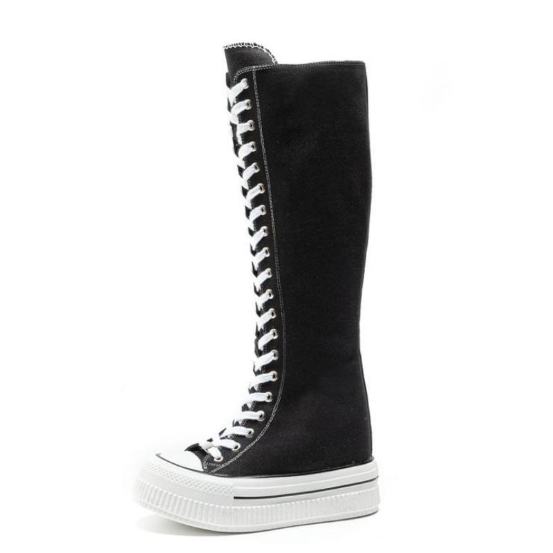Stivali Alti fino al Polpaccio/Ginocchio in Tela e Denim Stile Streetwear da Donna Scarpe Casual Traspiranti con Zeppa Piattaforma Primavera Autunno