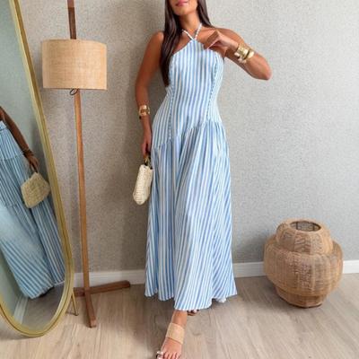 Women Blue Striped Halter Backless Long Maxi Casual Vacation Dress