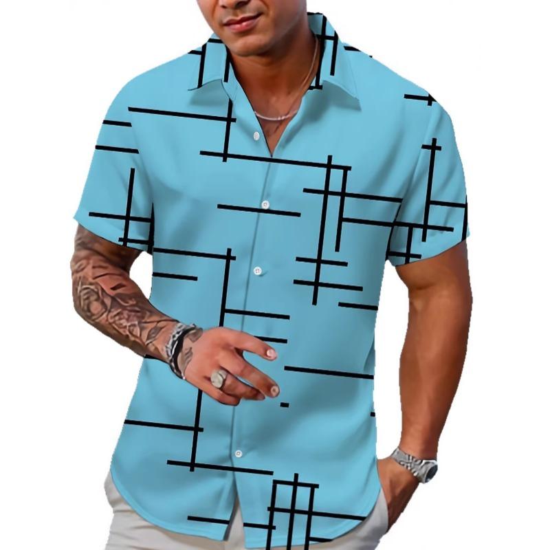 Herrsvart Abstrakt Linjetryck Kubansk Krage Kortärmad Sommar