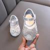 Spring-summer small/medium/large Korean-style girls' princess peep-toe rhinestone bowknot mesh flat shoes, leather shoes, performance dance shoes