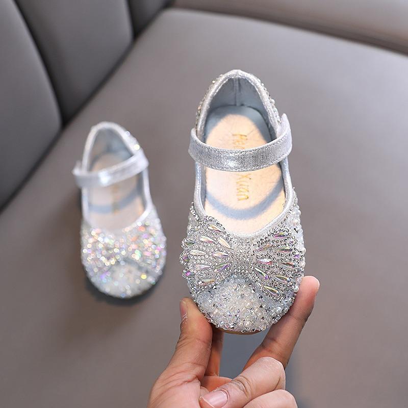 Spring-summer small/medium/large Korean-style girls' princess peep-toe rhinestone bowknot mesh flat shoes, leather shoes, performance dance shoes