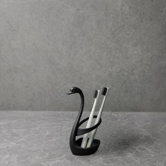 3D Printed Swan Toothbrush Holder, Bathroom Organizer with Hollow Water-Draining Design, Black White Dual Color, Widened Stable Base, One-Piece