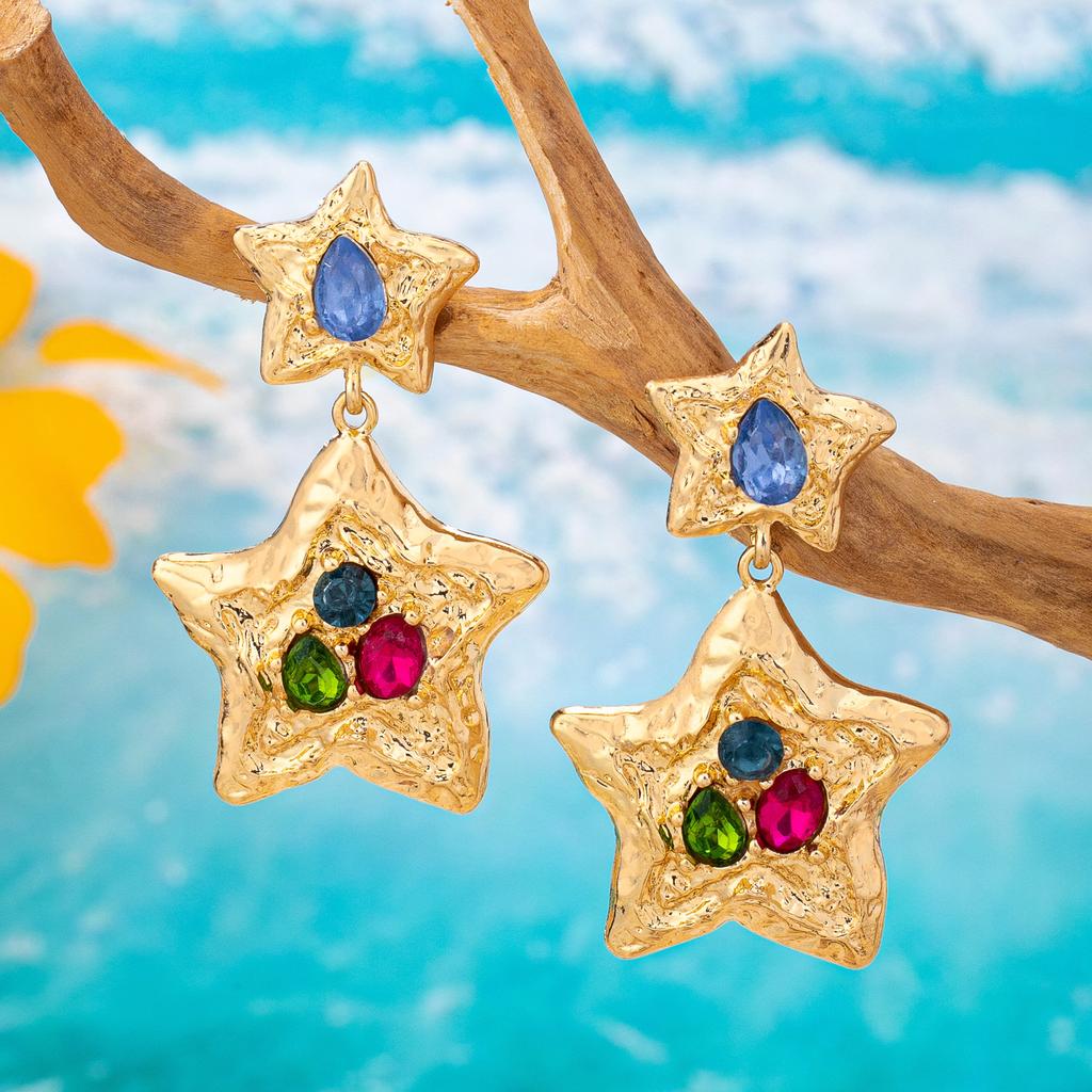 European and American Retro Colorful Diamond Five-pointed Star Earrings Exaggerated Old Gold Contrasting Gemstone Earrings