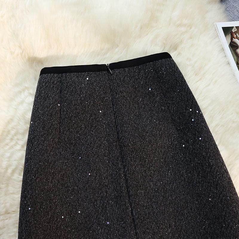 Gonna a Linea ad A con Paillettes in Misto Lana Taglie Forti, Vita Alta, Anti-Esposizione, che Segue le Curve, per Primavera/Autunno