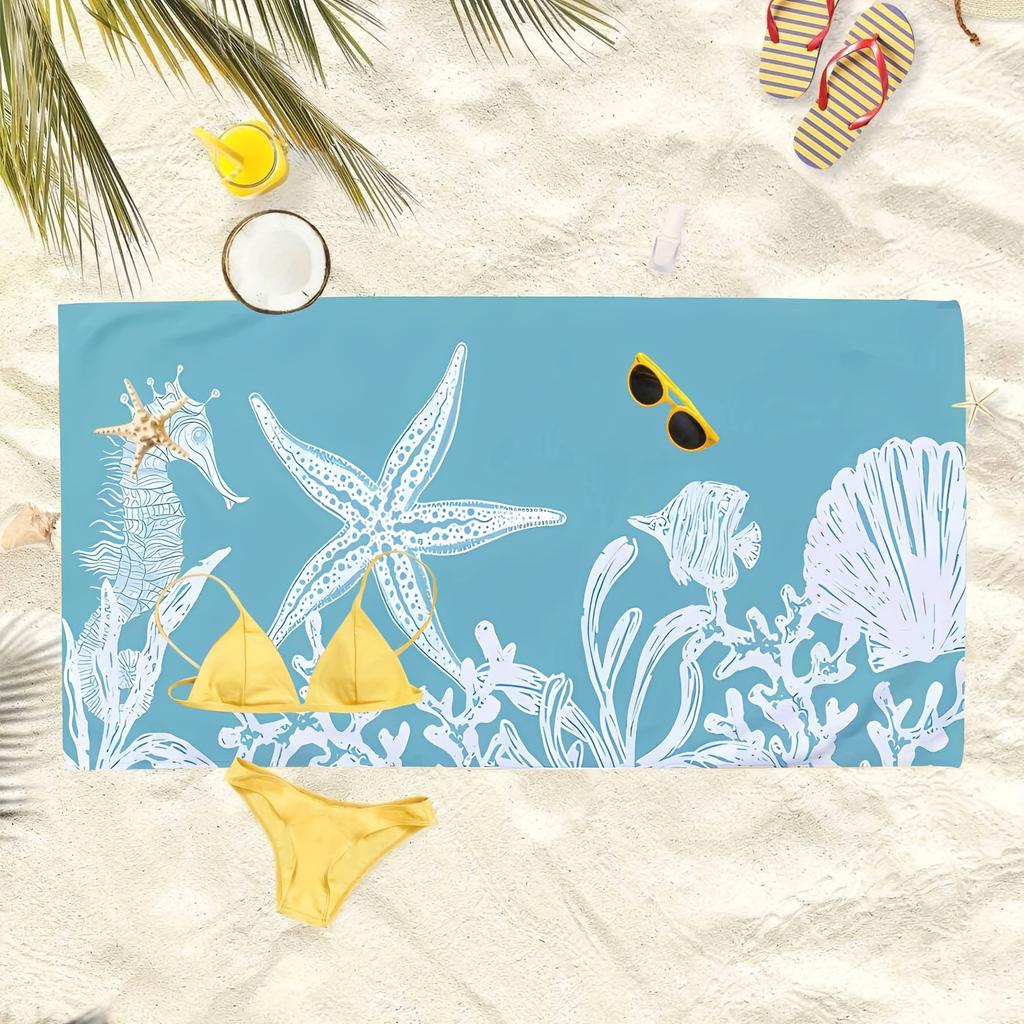 Seaside Starfish and Shells Large Bath Towel - Soft, Absorbent, Perfect for Home and Beach, Coastal Design, Quick-Dry