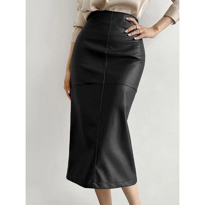 

Fashion Style Fall and Winter Fleece-lined Elegant PU Leather Skirt High Waist Slit Skirt PU Leather Split Skirt Black L