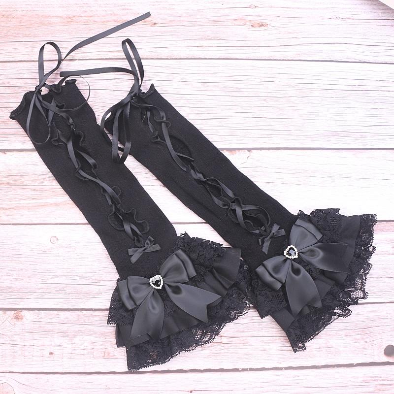Sweet Lolita Lace Bow Rhinestone Hand Sleeves False Sleeves Lolita Hand Sleeves for Women's Jewelries
