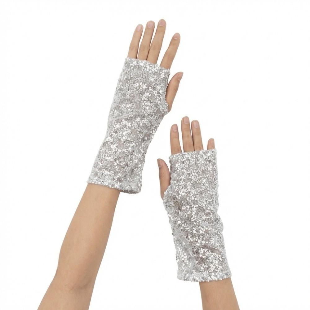 

Sequined Sequin Half Finger Gloves Polyester Fingerless Performance Handwear Street Dance срібний