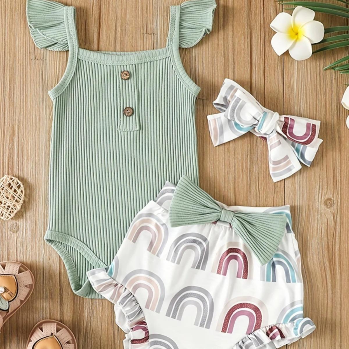 Summer Newborn Baby Girl Clothes Set  Sleeveless  Bodysuit  Printed Shorts bow 3pcs Clothing Suit Baby Girl Clothes 0-3M зелёный
