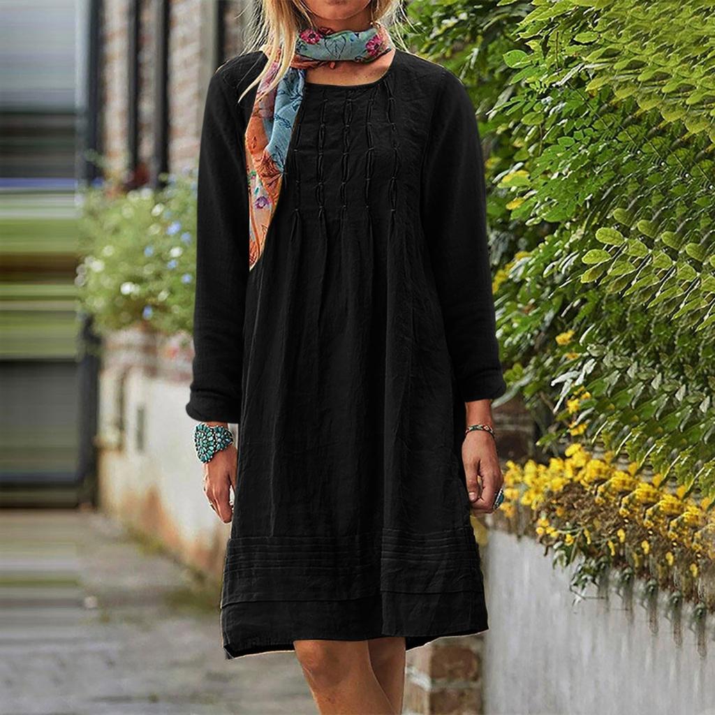 Women's Round-neck Solid-color Loose Casual Cotton And Linen Dress