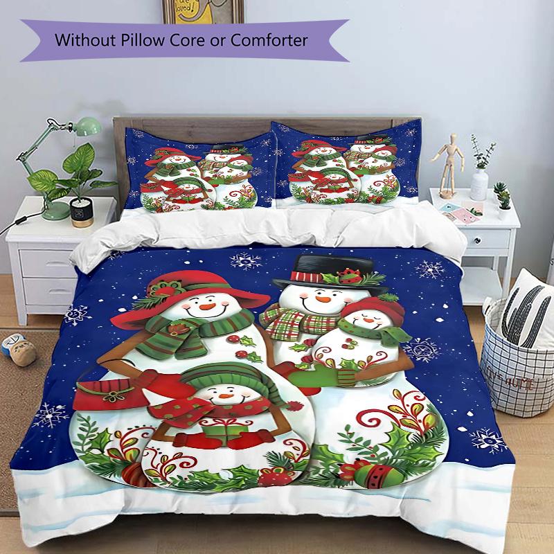 3pcs Christmas Snowman Family Decorative Bedding Set, Includes One Quilt Cover and Two Pillowcases (No Core), Gift for Home Décor, Anime Cartoon