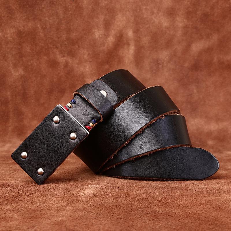 Retro Versatile Personality Trend Thickened Extra Thick First Layer Cowhide Smooth Buckle Belt Men'S Genuine Leather Plate Buckle Belt Men'S
