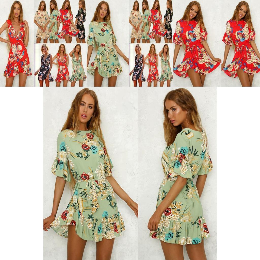 Stylish Womens Mini Ladies Dress Floral Print Ruffle V Summer Beach Sundress For Every Occasion