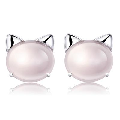 Fashion Female Cute Meow Cat Ear Rings Exquisite Ross Quartz Pink Crystal Stud Earrings for Women