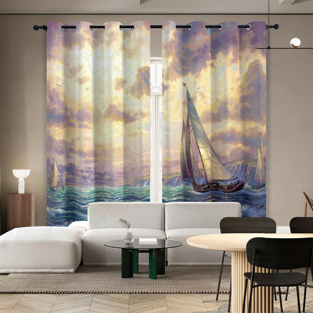 Set Of 2 Ocean Sailboat Pattern Printed Curtains Suitable Living Room Bedroom Office Sliding Window Home Decoration Made Polyester Great Treatment