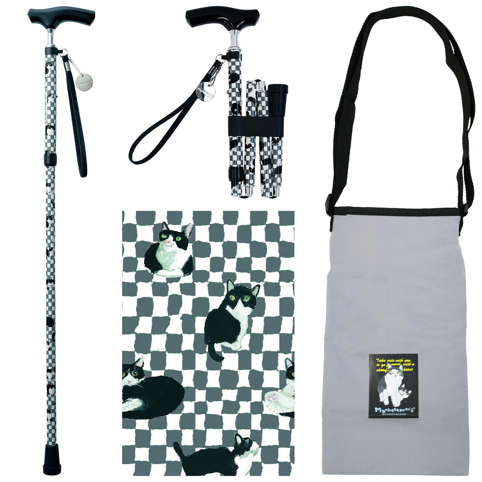 Manhattaners Shima Seisakusho Cat Pattern Folding Walking Stick Perfect for Slim Telescopic - Gifts! Lightweight, Comfortable, Compact, Neck,