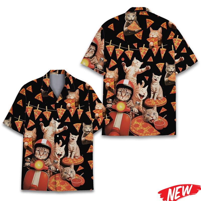 Lustiges Pizza-Katzenmuster Hawaiianisches Hemd für Herren 3D-bedruckte Tierhemden Sommer Strand Lässig Kurzarm Street Reversbluse