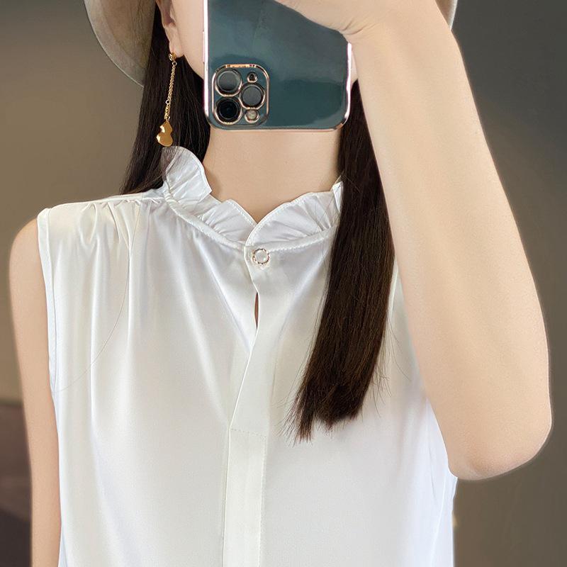 Elegant Satin Stand Collar Sleeveless Layered Shirt for Women