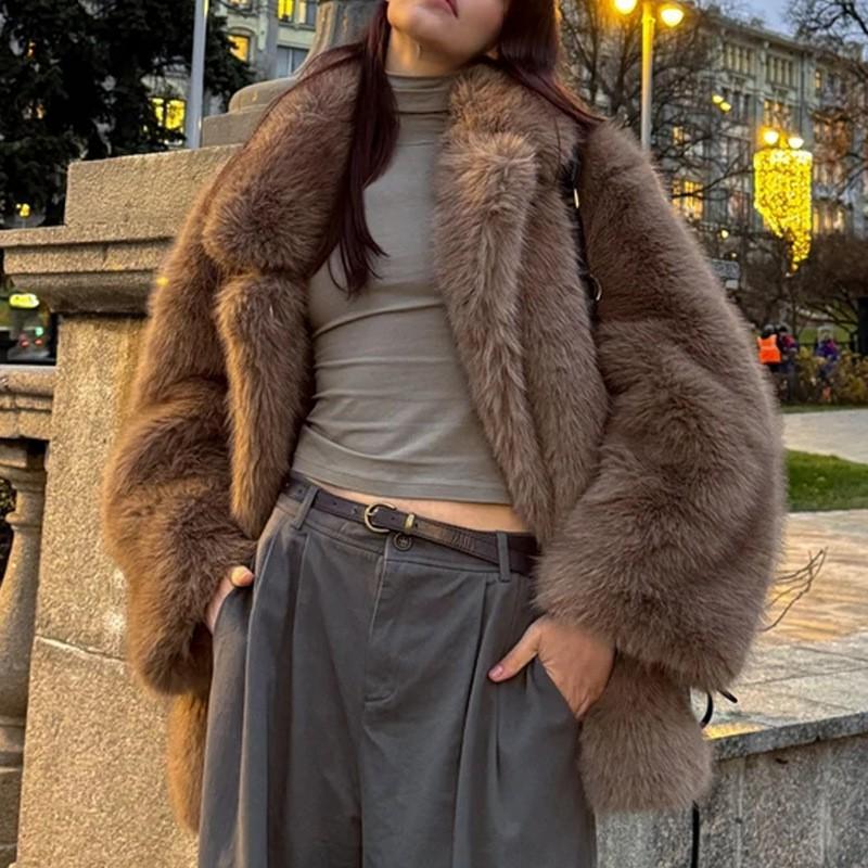 Womens Faux Fur Coat Mid-Length Winter Warm Outerwear Street Style Jacket In Beige Yellow Coffee Khaki