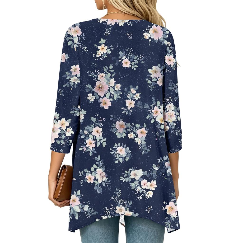 Women's Vintage Floral Print Three-Quarter Sleeve Cardigan Casual Loose Fit Lightweight for Spring Summer