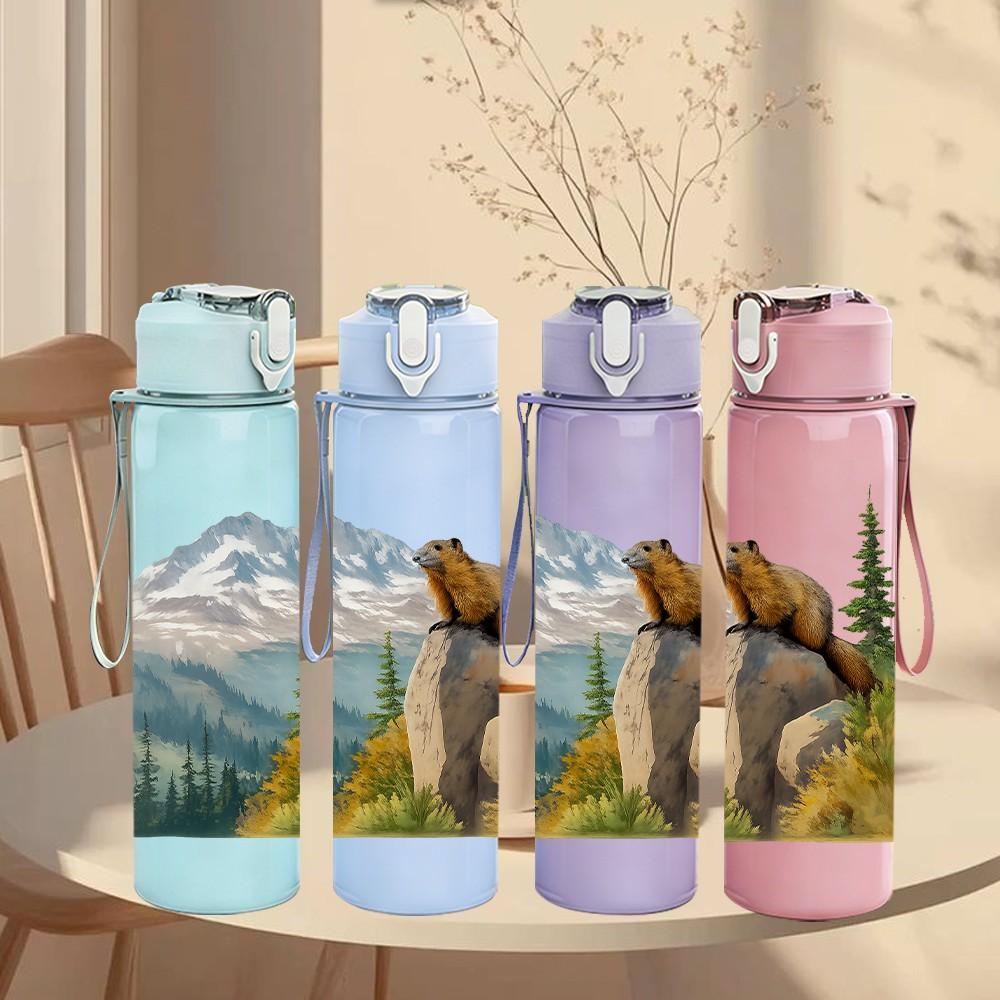 1PC Bear Mountain Peak Landscape Print 750ml Color Plastic Sports Water Bottle Leakproof Flip Straw Lid Suitable for Sports Office Home Use