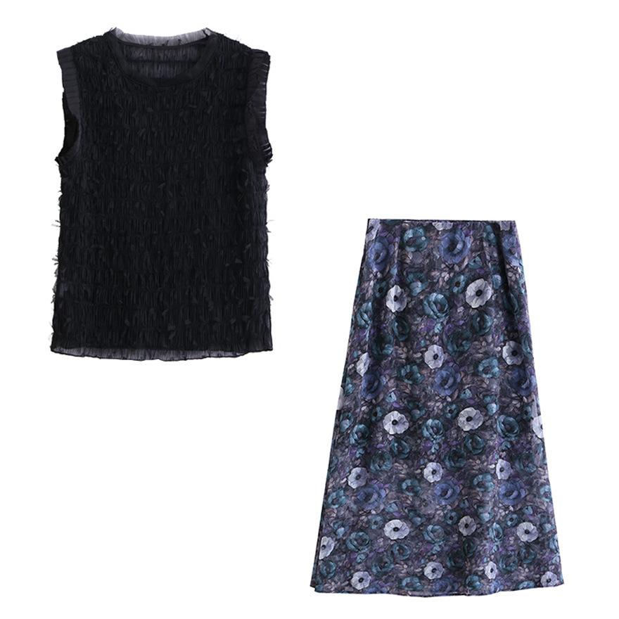 Fashion Suit Skirt Women's Summer New Fringed Sleeveless Top Slim Printed Skirt Two-piece Set