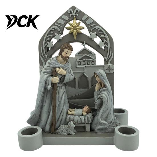 Resin Holy Family Ornaments Christmas Nativity Scene Candle Holder, Manger Figurine with 4 Seasonal Atmosphere Accessories Slots, Vintage Candlestick