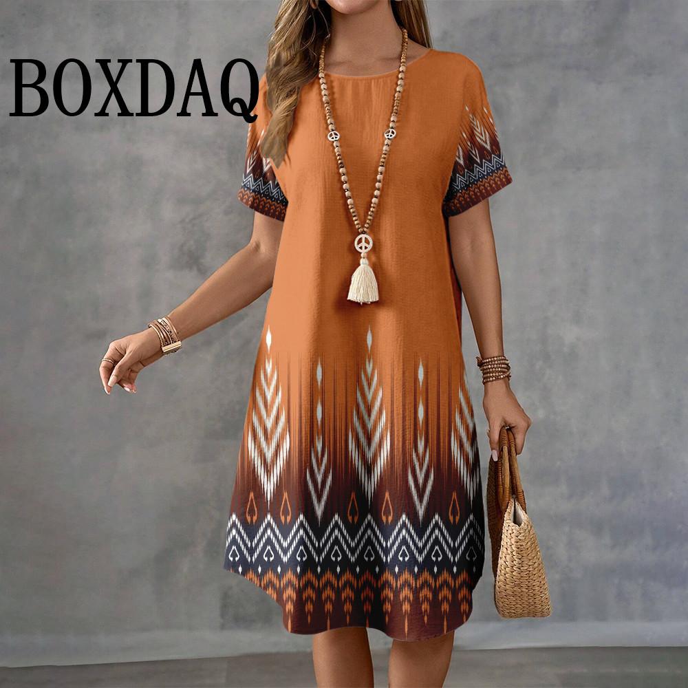 Letnie Retro Etniczny Nadruk Krótki Rękaw Casual Damska O-Neck Długość do Kolana Modne Eleganckie Damskie Sukienki A-Line