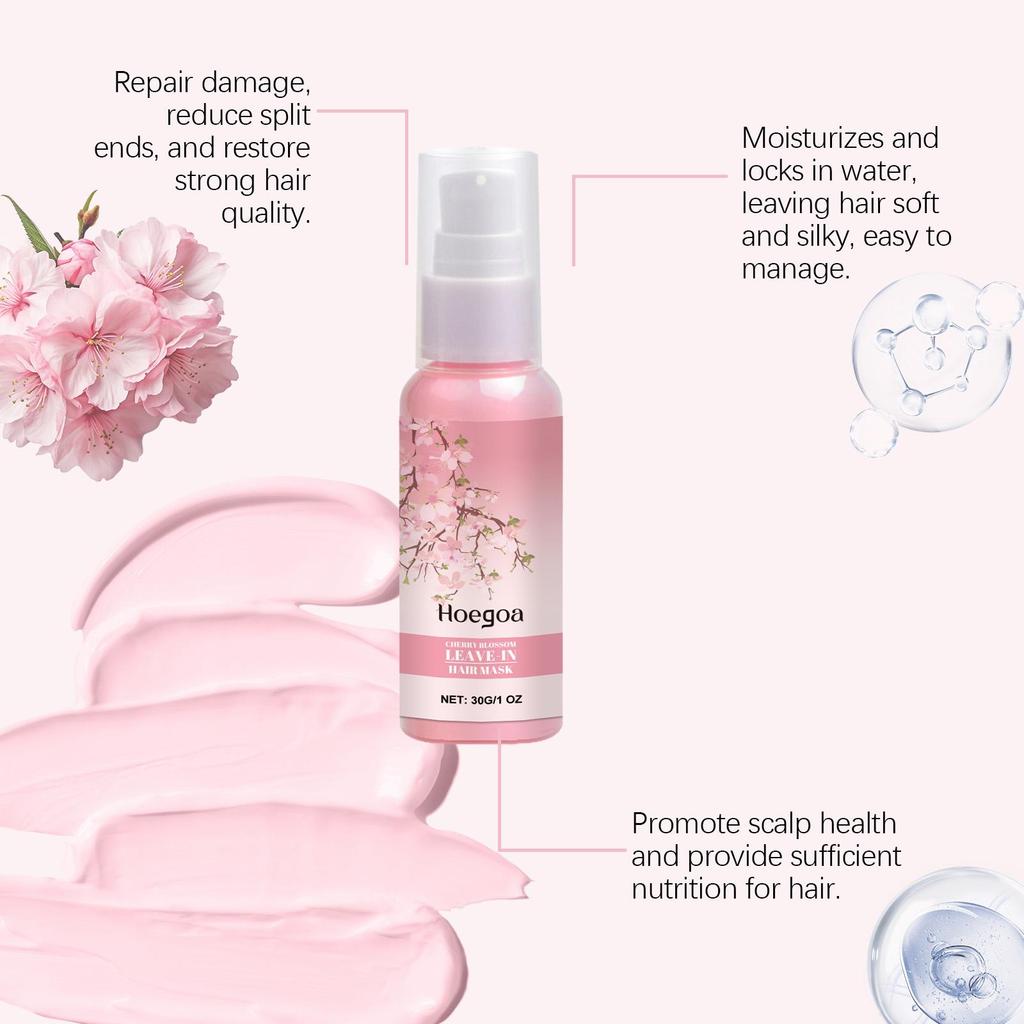Cherry Blossom Leave In Hair Mask With VE For Dry Damaged Hair Shine Frizz Control Lightweight No Rinse Formula Sakura Scent