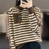 Winter Pure Wool Fashion Soft Sweater Autumn Female New Women Hooded Collar Strip Pullover Cashmere Loose Casual Knit Base Top