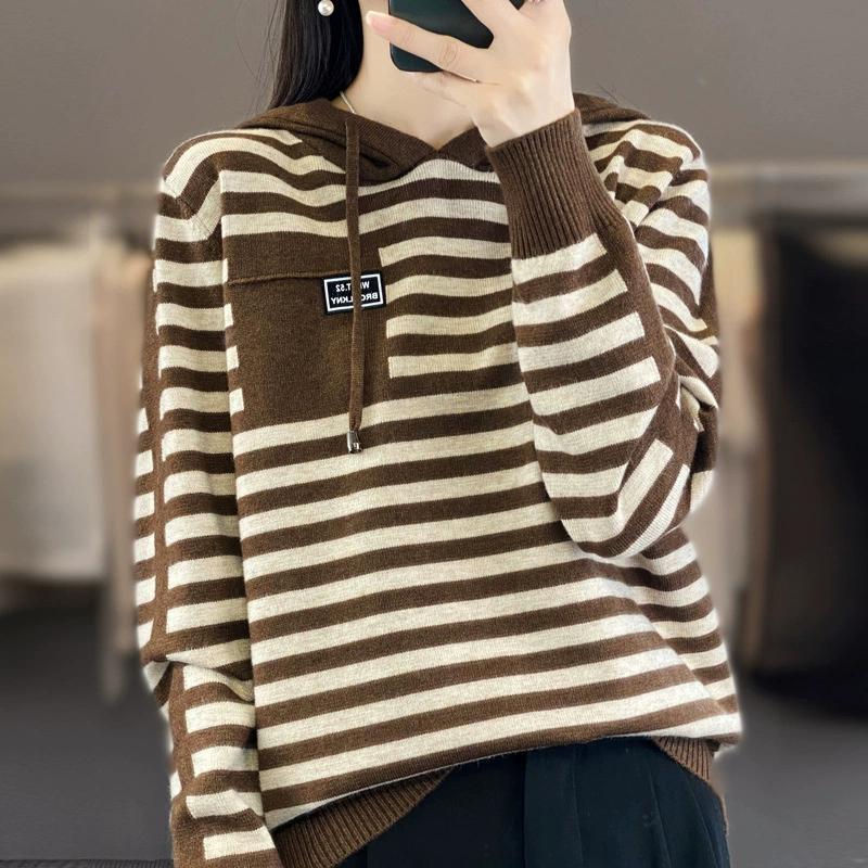 Winter Pure Wool Fashion Soft Sweater Autumn Female New Women Hooded Collar Strip Pullover Cashmere Loose Casual Knit Base Top