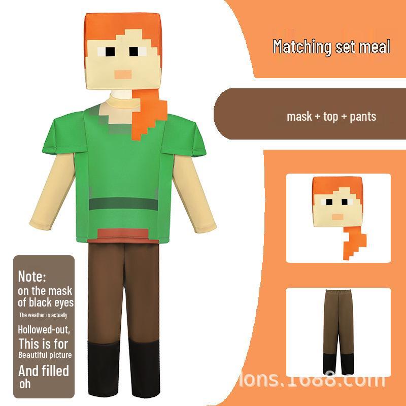 Halloweenský modro-zelený kostým Minecraft Steve pro děti, jevištní herní vystoupení