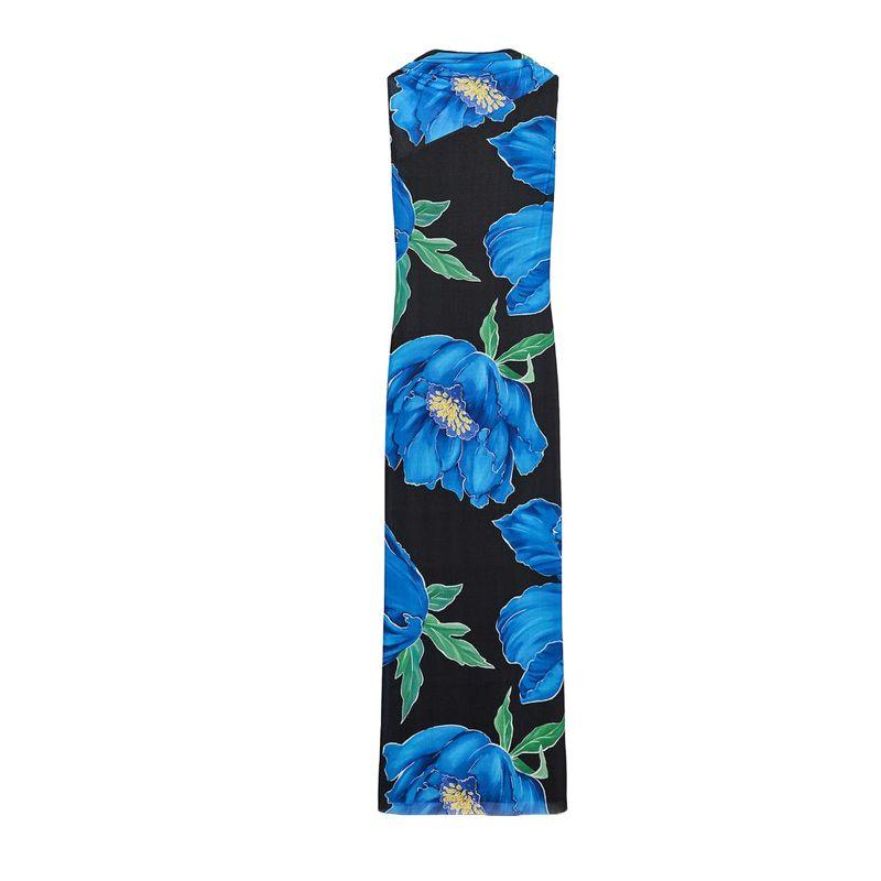 

Summer Women s Clothing Ruched Decorative Bowknot Fashion Print Vertical Open Back Stand Collar Dress 5644209 Blue L