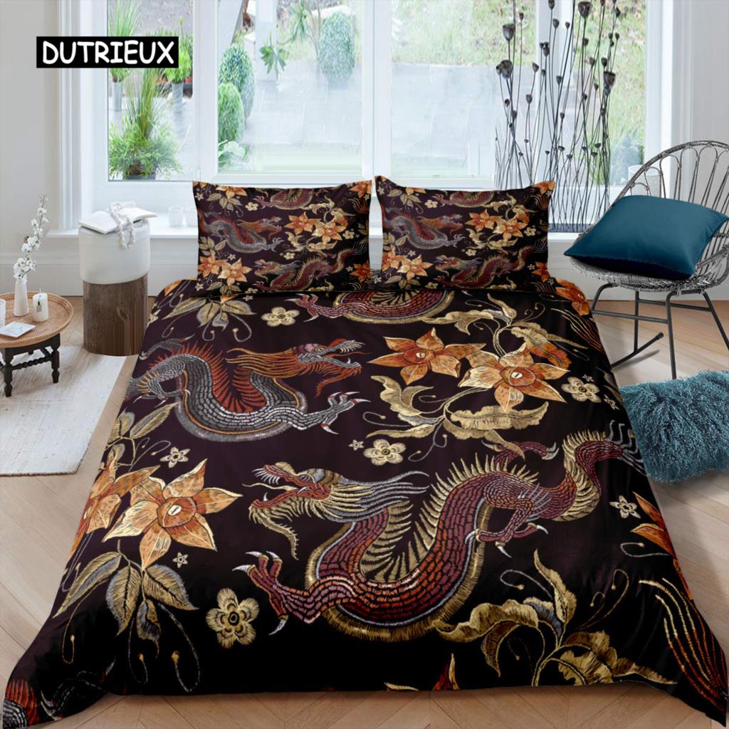 Fire Dragon Duvet Cover Set Magical Dinosaur Bedding Set Jungle Animals Pattern Wildlife Style King Size Polyester Quilt Cover