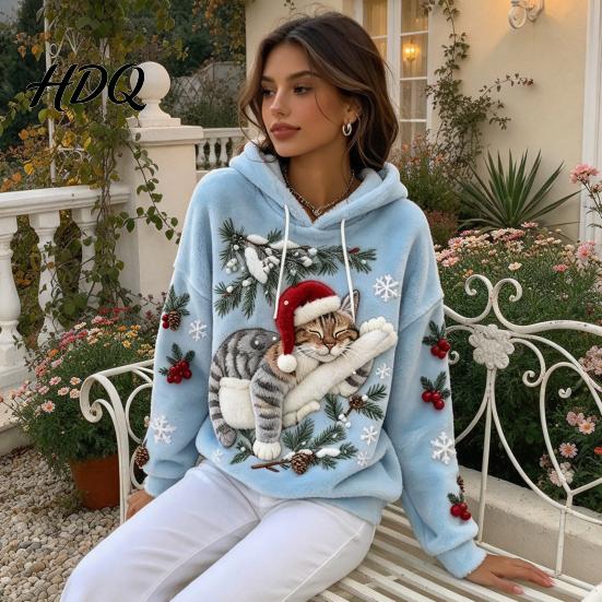 Christmas Cat Print Hoodie Women Hoodie Oversized Long Sleeve Pullover Sweatshirt Daily Wear Sweatshirt Casual Loose Drawstring Hooded Top