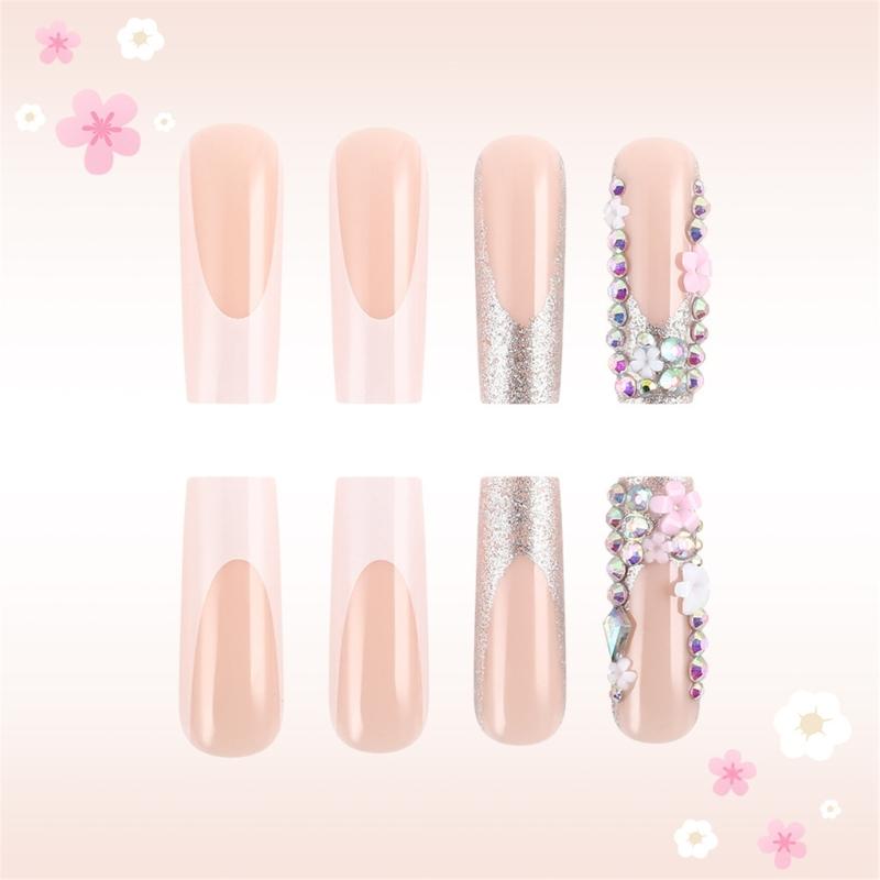 24 Pezzi Unghie Finte Press On French Tip Unghie Finte Quadrate Unghie Artificiali con Fiori 3D Strass Unghie da Incollare per Donne