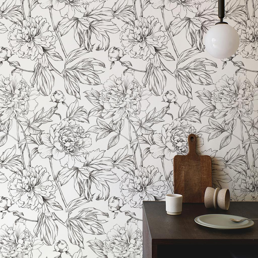 White Sketch Floral And Leaves Wall Cover Retro Line Flower Pvc Peel And Stick Wall Cover Water-Repellent Kitchen Bathroom Vinyl Decor