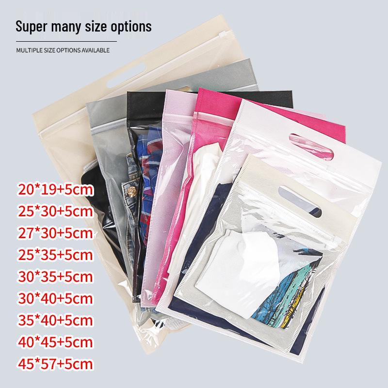 Semi-transparent Thickened Non-woven Zipper Bag with Handle for Clothes, Shoes, and Socks Storage.