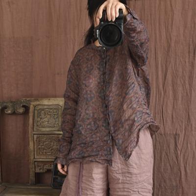 Women Spring Print Floral Shirts Tops Ramie High Quality Blouses Long Sleeve Button Women Shirts