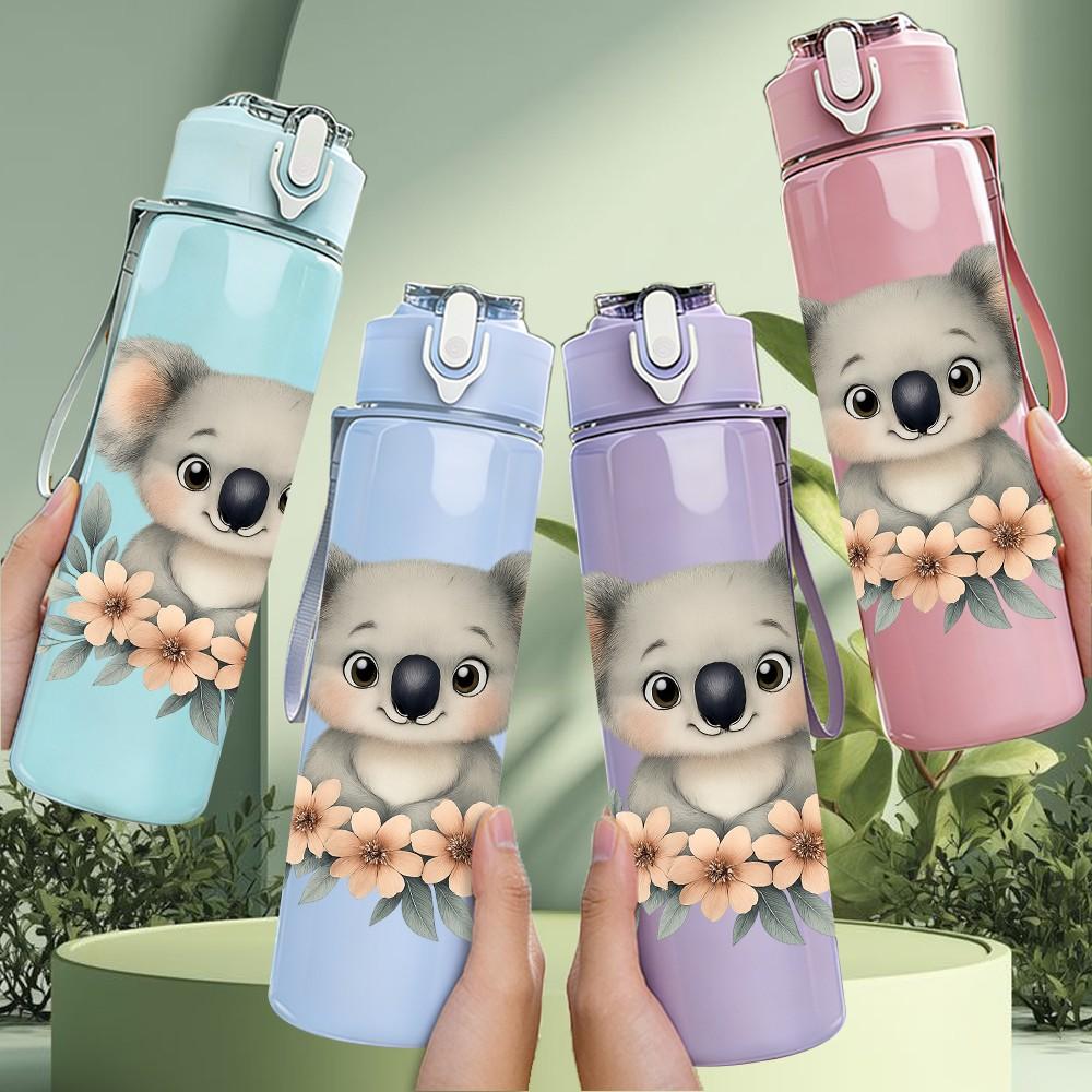 1PC Cute Koala Eucalyptus Print 750ml Color Plastic Sports Water Bottle Leakproof Flip Straw Lid Suitable for Sports Office Home Use