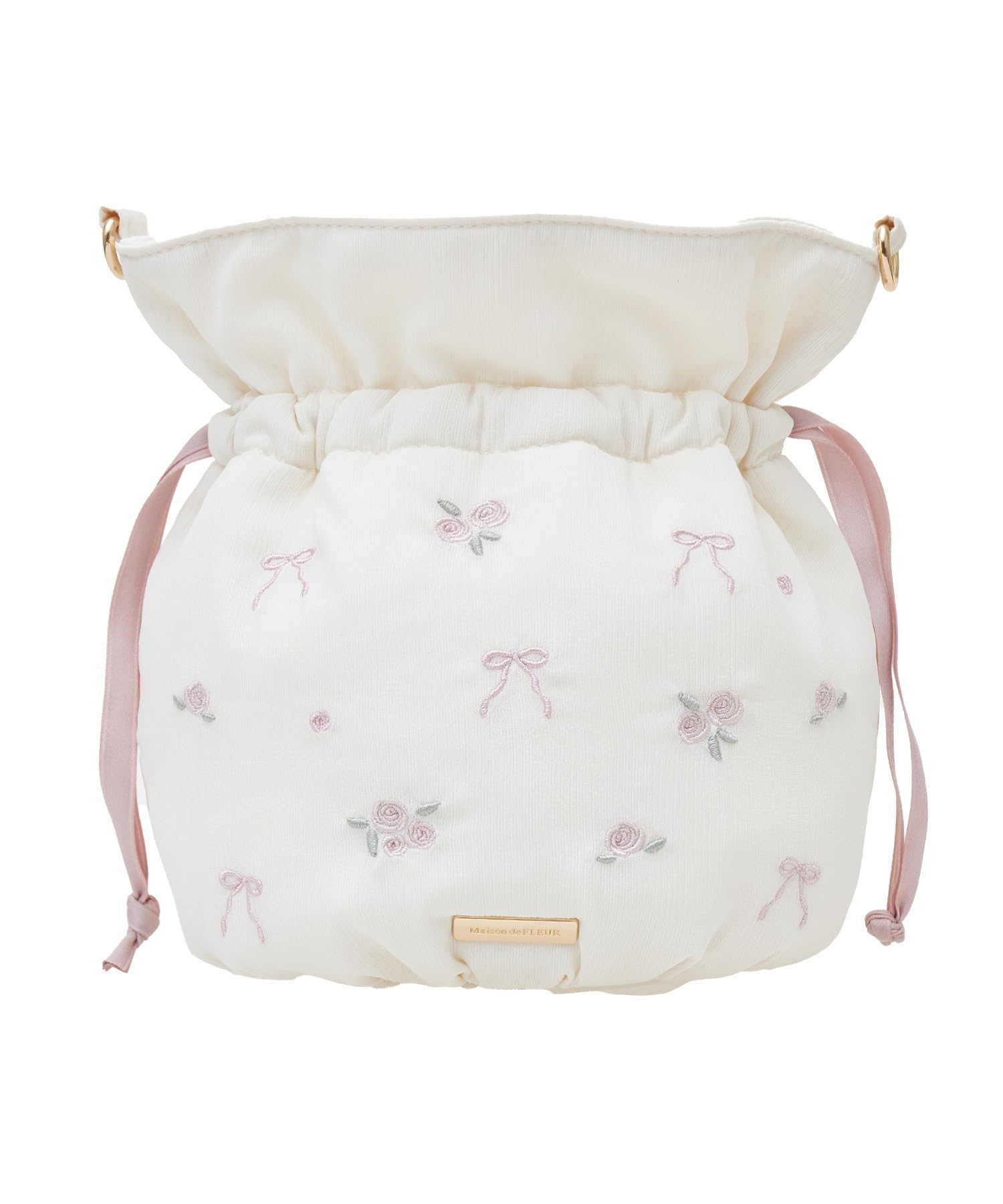 

de Apparel Rose Ribbon Embroidered Drawstring Shoulder Bag for Ivory [Maison Fleur] Women, слонова кістка