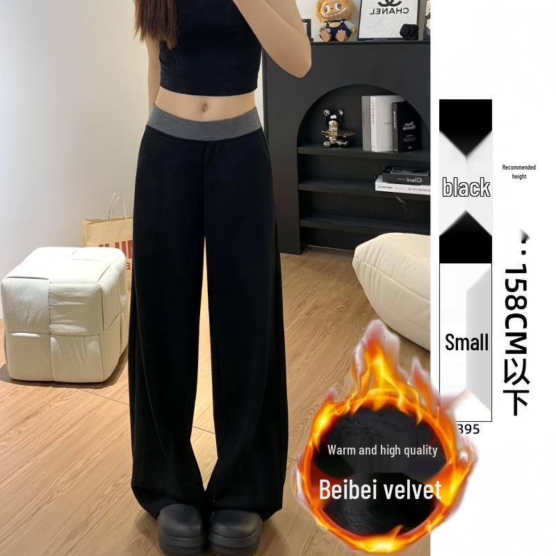 Women's Plus Size Fleece-Lined Black Patchwork Casual Wide-Leg Sweatpants for Autumn/Winter