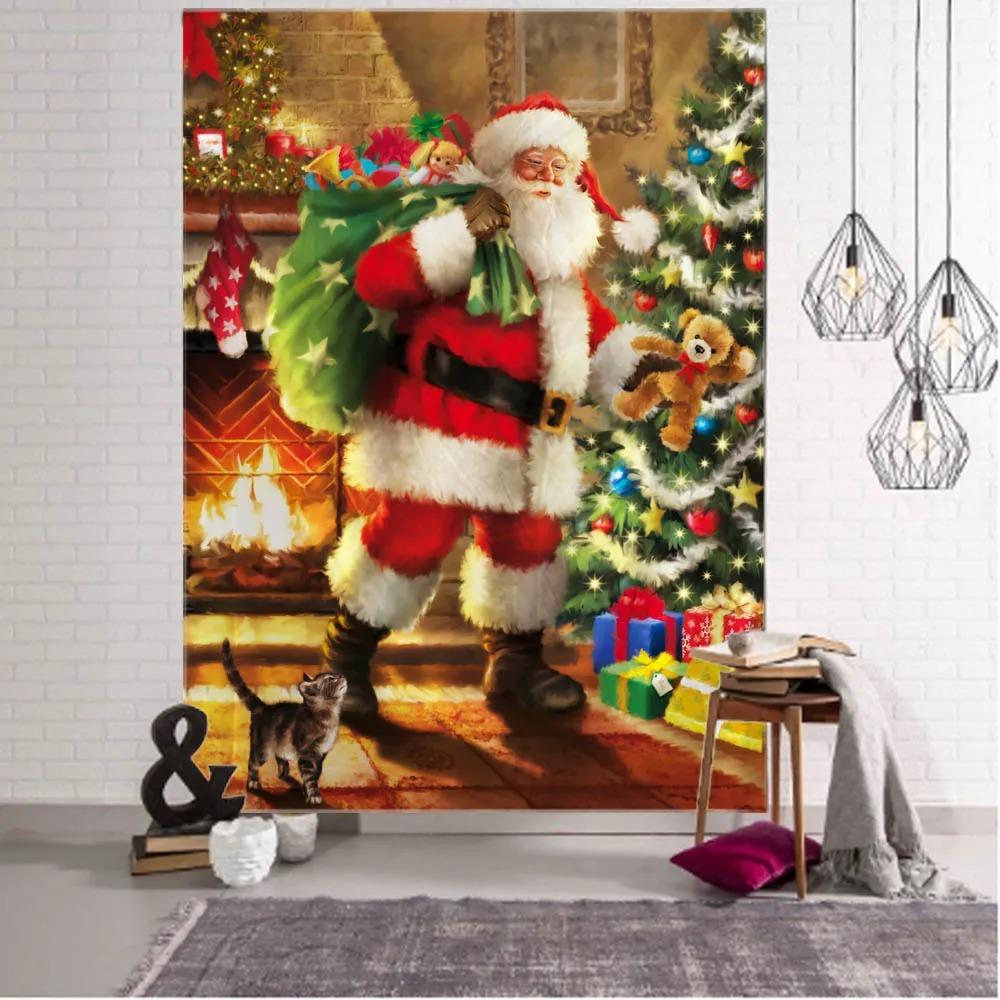 Cartoon Santa Claus Pattern Tapestry Home Bedroom Living Room Wall Decoration Christmas Theme Tapestry