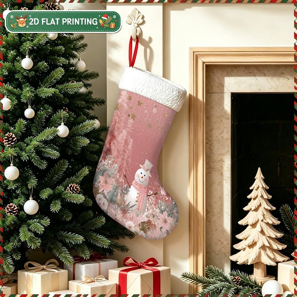 Christmas decoration fireplace hanging stocking1pc 2D Flat Christmas Pink Snowman Forest Printed Xmas Stocking