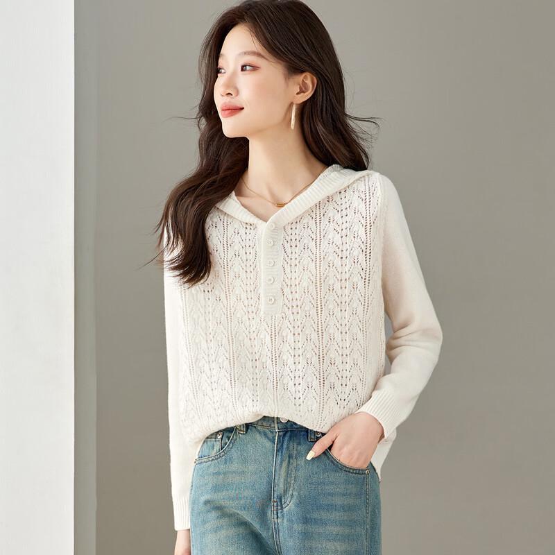 Srcr Women's 100% Wool Hollow Hooded Knit Sweater