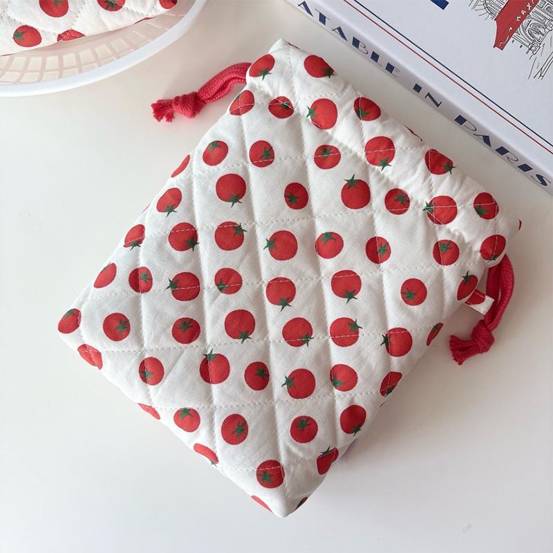 

New Drawstring Makeup Bags Cute Tomato Pattern Plaid Storage Bags Creative Patchwork Soft Small Bags Stylish Simple Women s Bags