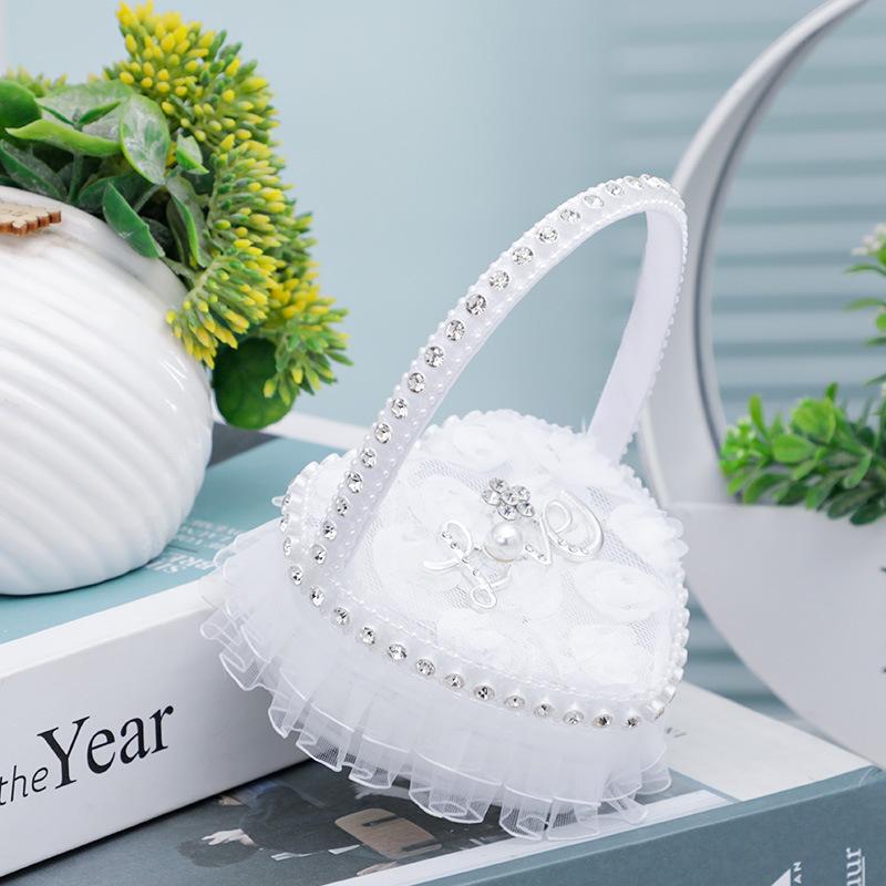 WTEMPO Elegant Wedding White Flowers Baskets Lace-trimmed Wedding Baskets Hand-held Flower-scattering Large Fake Flowers Decor Small Baskets